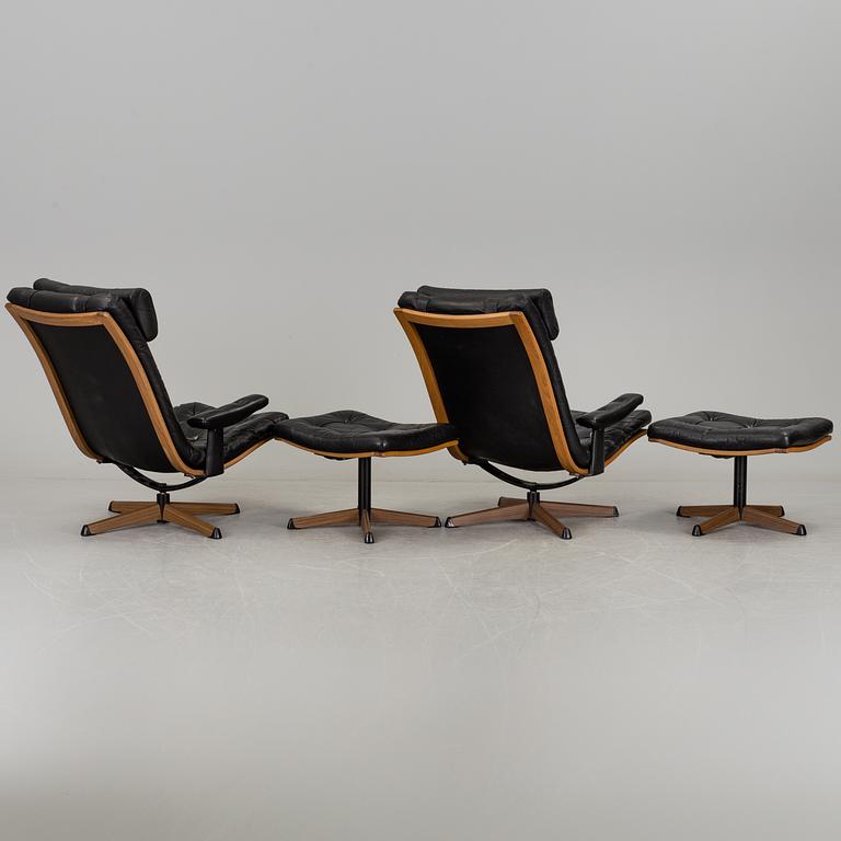 A pair och easy chairs and footstools by Göte-Möbler, Nässjö.