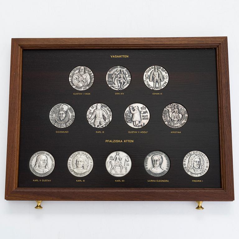 A 60-piece set of sterling silver medals, "Sweden and its Regents", Mynthuset, Sporrong 1970s.