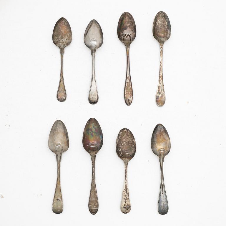Eight silver spoons, 18th/19th century, including with mark of Jacob Edström, Borås 1796.