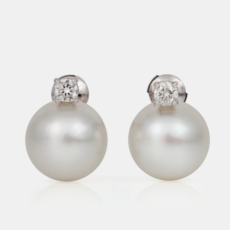 A pair of cultured South Sea pearl, Ø 14.4 mm, and diamond circa 0.50 ct in total, earrings.