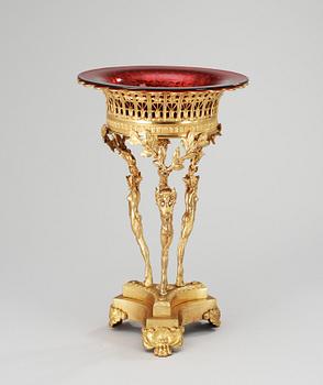 546. A centerpiece in bronz and glas, 19/20 th century.