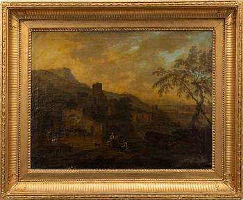 Johan Christian Vollerdt, circle of, Translation: "Flooded landscape with figures by a castle ruin".