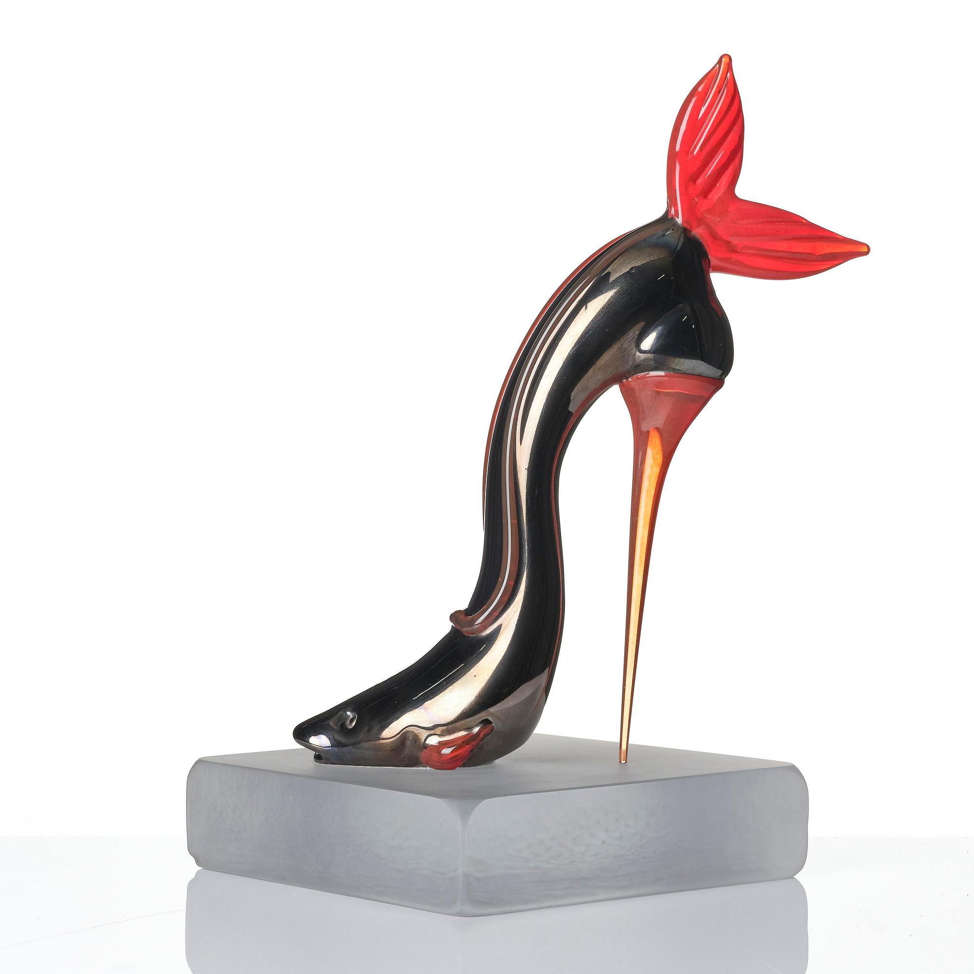 Kjell Engman, a unique glass sculpture, a high-heeled shoe in the shape of a fish, Kosta Boda.
