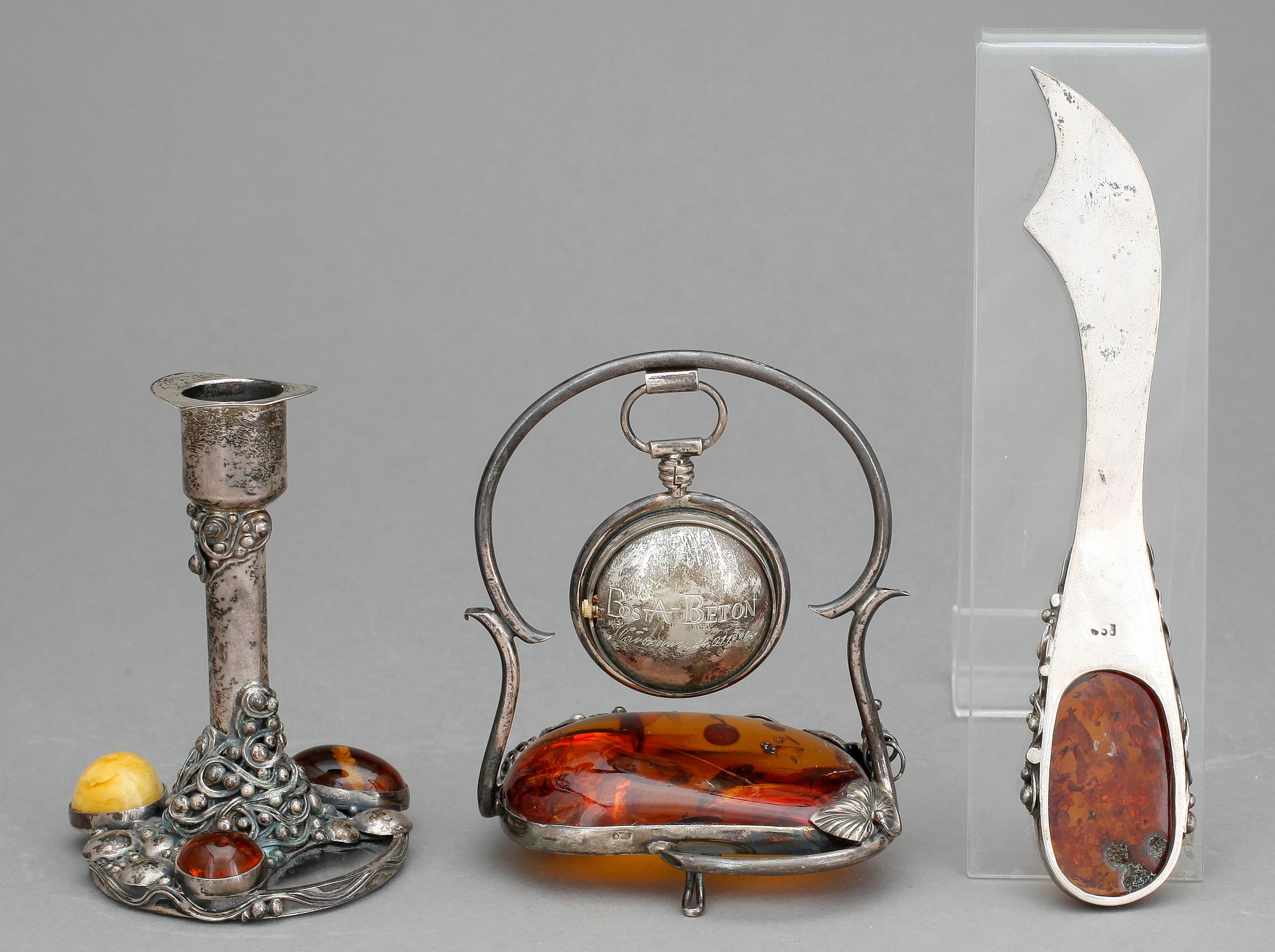 LJUSSTAKE, BREVKNIV SAMT KLOCKSTÄLL, silver, bärnsten, otydliga stämplar, 1900-tal.