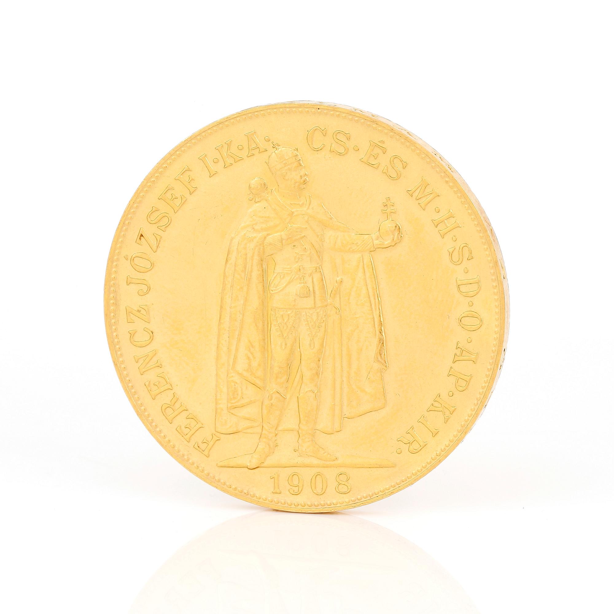 GULDMYNT, 100 korona, Österrike-Ungern 1908. Vikt ca 32 gram.