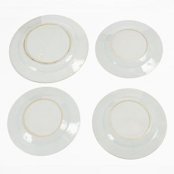A set of one Chinese blue and white export porcelain dish and three plates, Qing dynasty, Qianlong (1736-95).