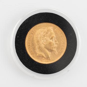 A French gold coin, Napolon III, 20 Francs, 1864.