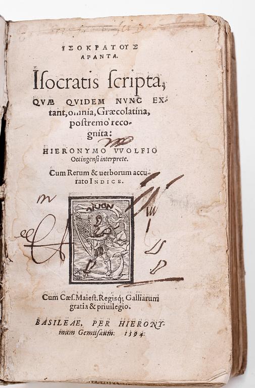 BOK, "Isocratis Scripta qvae qvidem nunc extant..." övers Hieronymo Wolfio, Basel 1594.