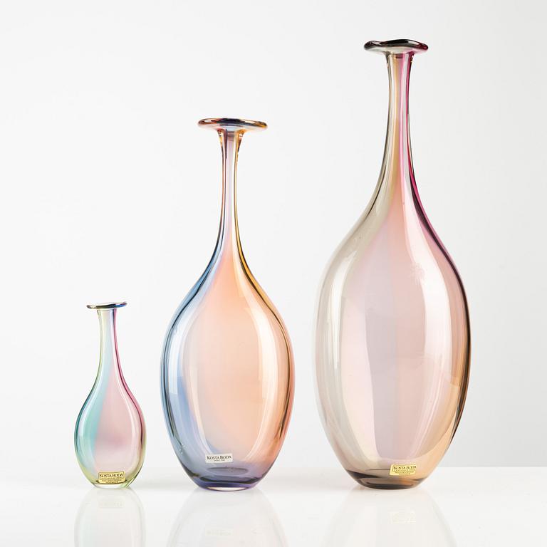 Kjell Engman, five "Fidji" glass vases, Kosta Boda, Sweden, two are limited edition.