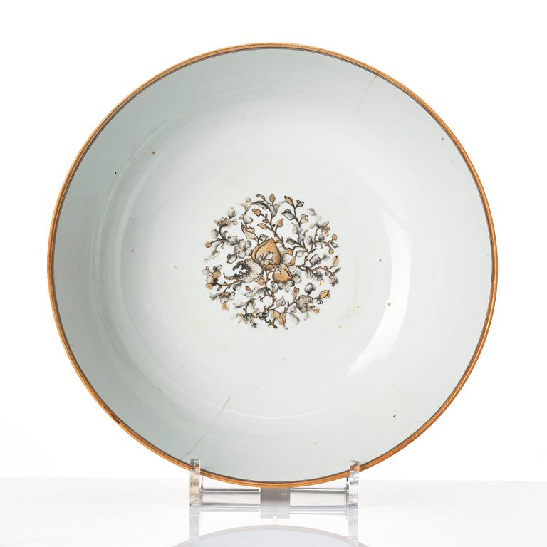 A famille rose and grisaille armorial punch bowl, Qing dynasty, 18th century.