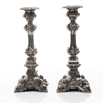 Gustaf Theodor Folcker, a pair of baroque style silver candle sticks, Stockholm, Sweden, 1846.