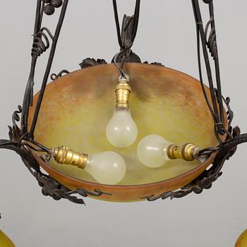 A Muller Croismare glass and metal ceiling lamp, Nancy, first half of 20th Century.
