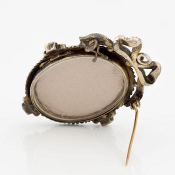 Brooch/pendant, silver, with portrait, after Jean-Baptiste Greuze, with seed pearls and small rubies.