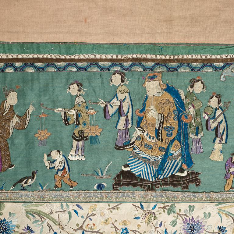 Two embroidered silk panels, late Qing dynasty.