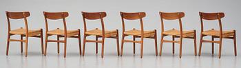 Hans J. Wegner, a set of six teak and rattan  'CH-23' chairs, Denmark 1950s.