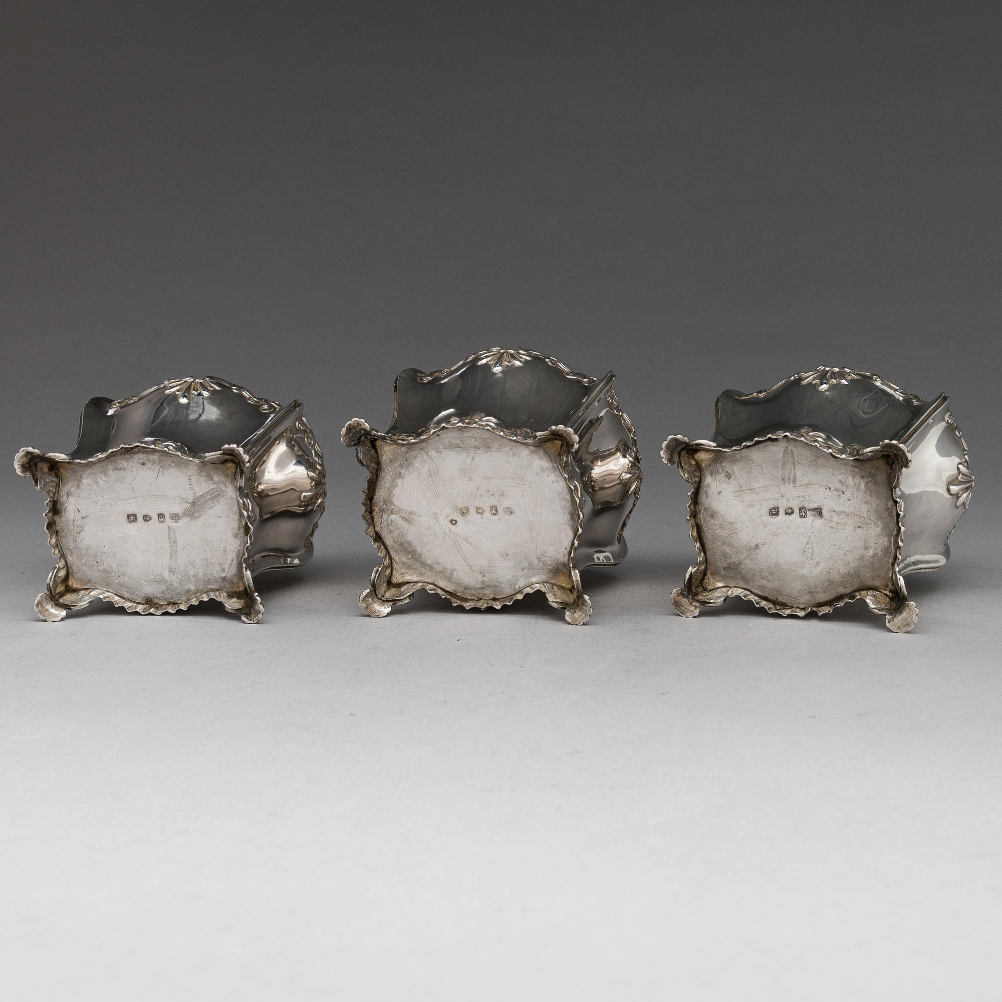 Teburkar, 3 st, sterlingsilver, Thomas Bumfriss och Orlando Jackson, London 1766. I schatull.