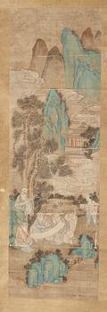 1670. A hanging scroll with Scholars studying paintings in a garden, Qing dynasty, presumably 19th Century.