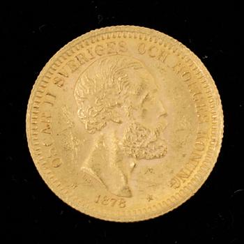 GULDMYNT, 20 Kronor, Oscar II, Sverige-Norge 1878. Vikt ca 8 gram.