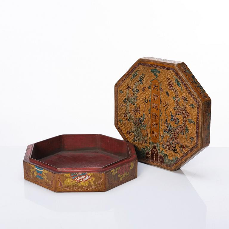 A Chinese lacquer treasure/curio box with cover, Qing dynasty with Qianlong mark to cover.