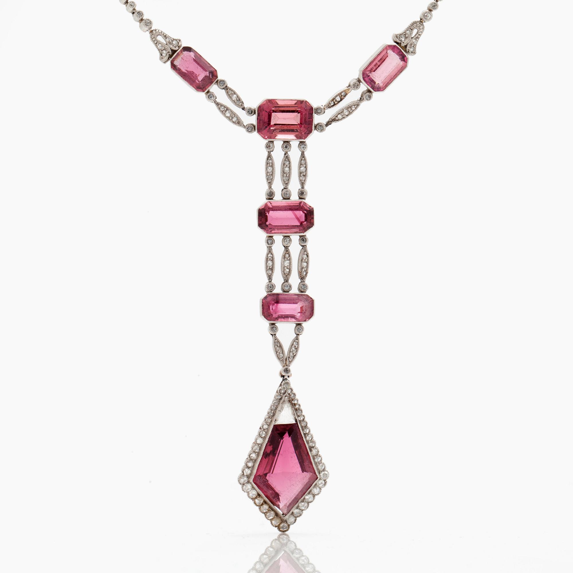 A mixed cut pink tourmaline and rose cut diamond necklace in Belle Epoque style.