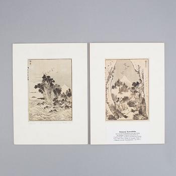 KATSUSHIKA HOKUSAI (1760–1849), after, two woodblock sheets from album, 19th century.