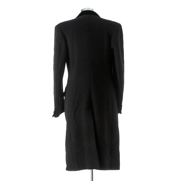 ELIT, a black wool overcoat.