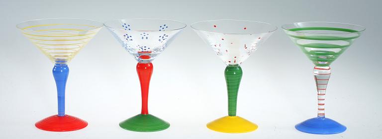 CHAMPAGNEGLAS, 3 st, samt MARTINIGLAS, 4, st, "Clown", Anne Nilsson, Orrefors.