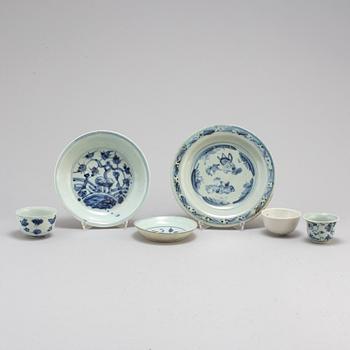 Three blue and white dishes, and three cups, Ming dynasty (1368-1644).