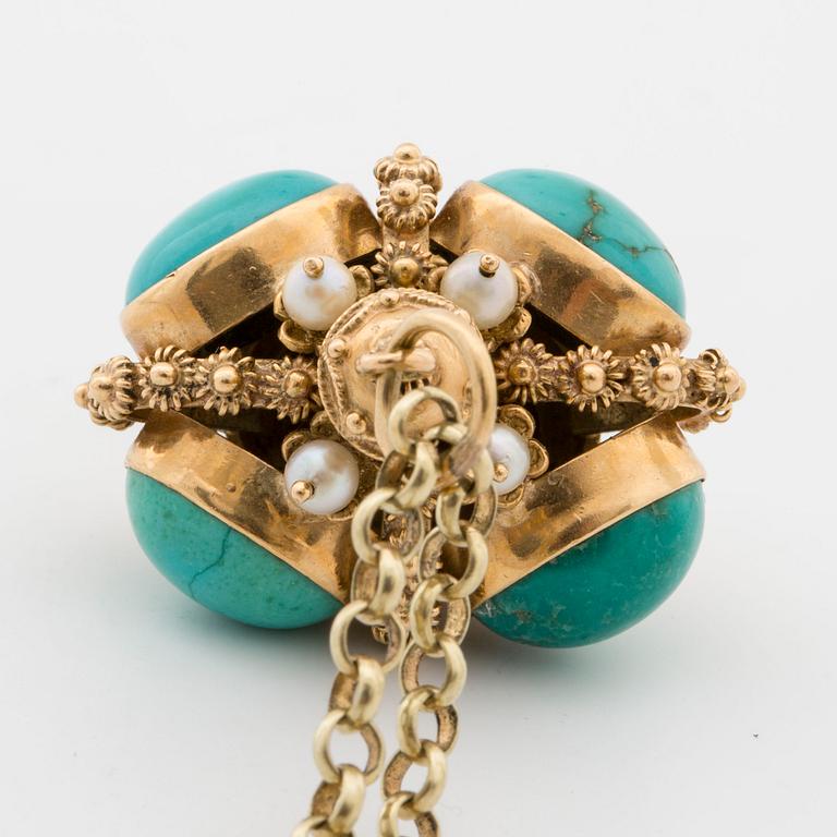 Pendant with chain, gold with turquoise and beads.