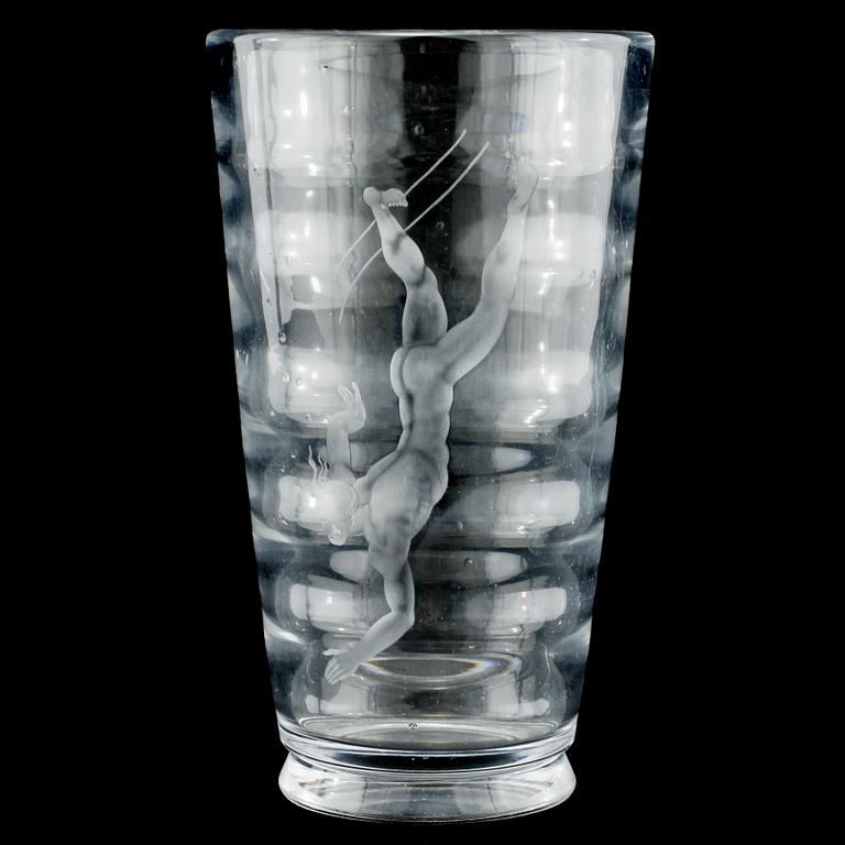 A Vicke Lindstrand engraved 'Pearl fisher' vase, Orrefors, 1937.