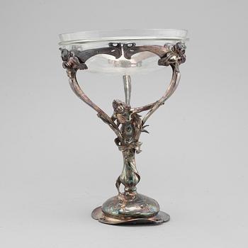 A jugend glass bowl on stand in EPNS, beginning of the 20th century.
