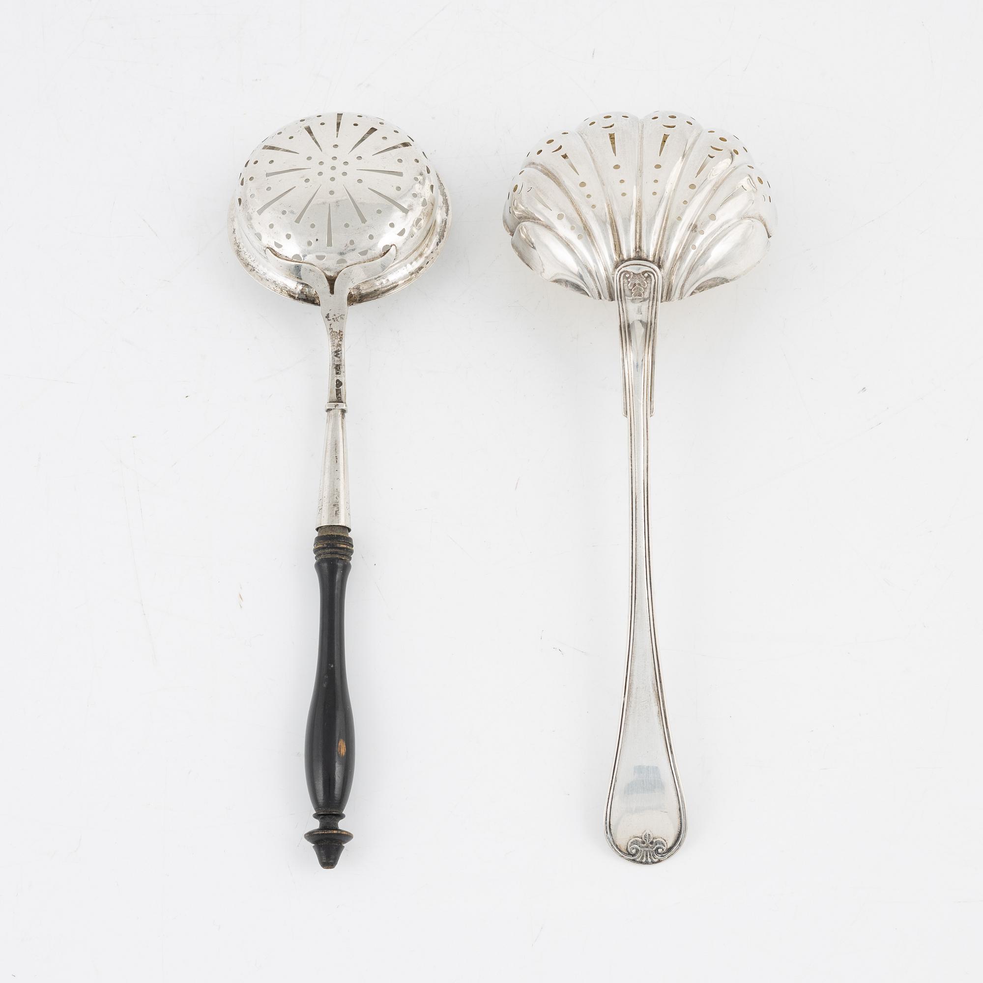 Two Swedish Silver Sprinkle Spoons and Two Dishes.