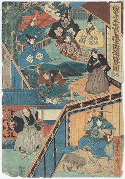 Träsnitt, fyra stycken, Japan, bland annat Ogata Gekko och Utagawa Kunisada.