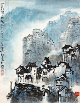 A painting by Li Xingjian (1937-), 'Chunyu mengmeng jiangcheng', signed och dated 1982.