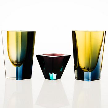 KAJ FRANCK, three, 'Prism' vases signed K. Franck Nuutajärvi Notsjö -59, -63, -64.