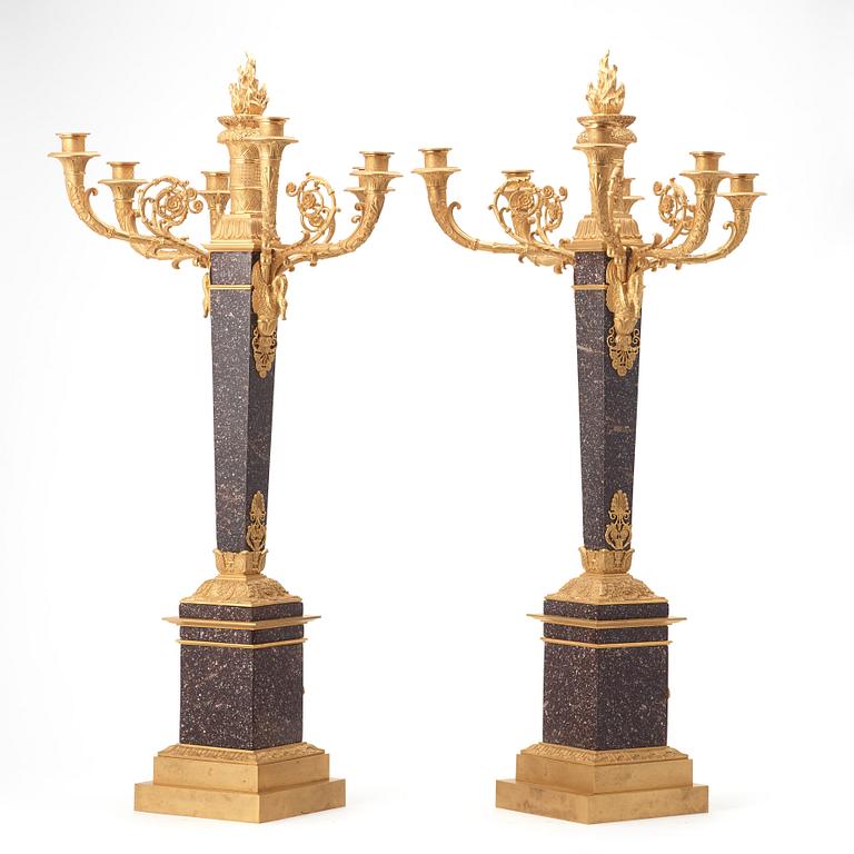 A pair of Empire style circa 1900 six-light candelabra.