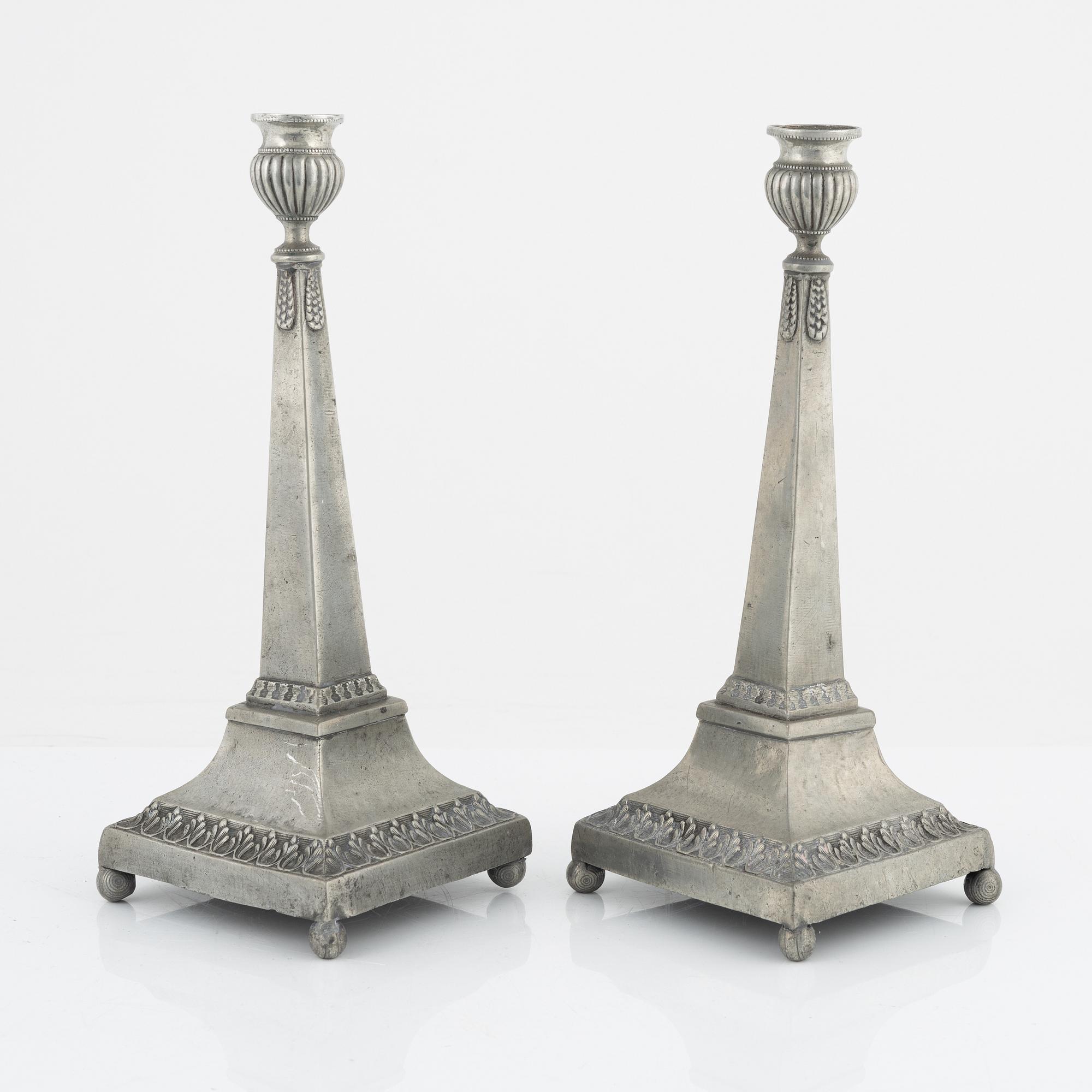 A pair of late Gustavian pewter candlesticks, mark of Magnus Bergman, Malmö 1809.