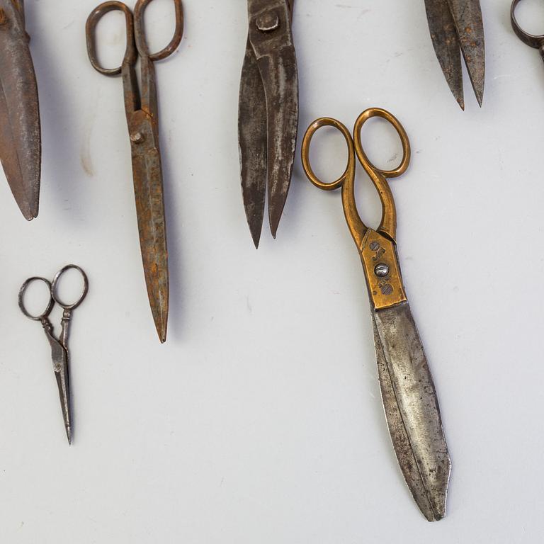 9 pair of iron and metal scissors from the 19th century.