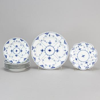 ROYAL COPENHAGEN, eight 'Musselmalet' helblonde  porcelain plates and dishes,  Denmark.