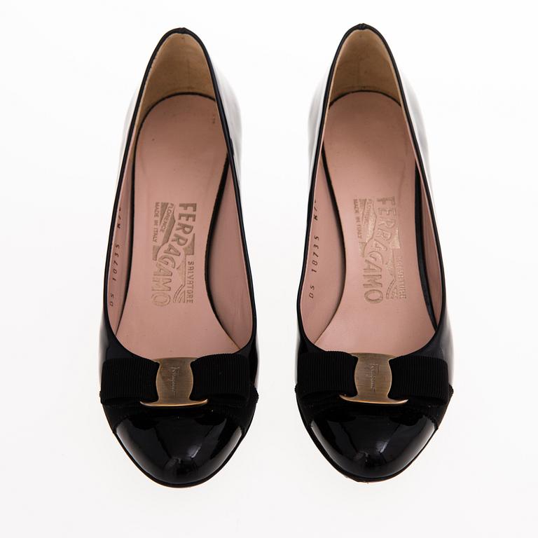 Salvatore Ferragamo, A Pair of Black Patent Leather Wedge Pumps, size 5.5.