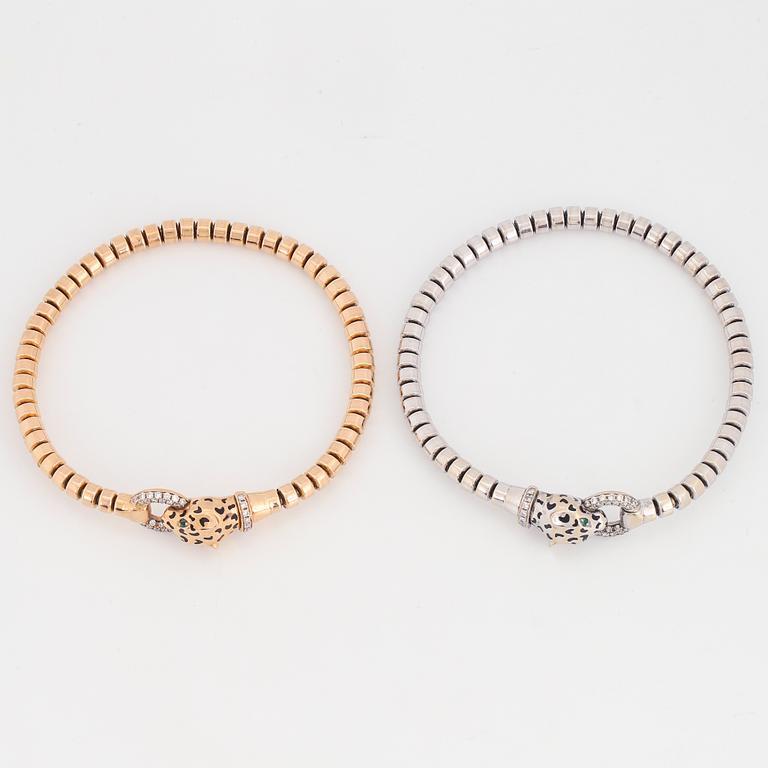 Two panther stretchy white gold and rosé gold with brilliant-cut diamonds.