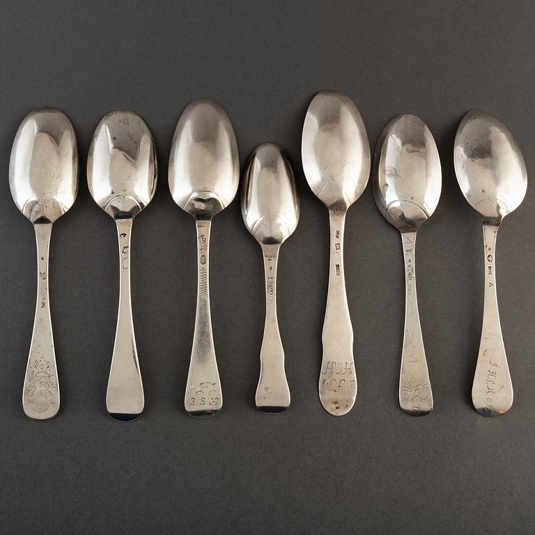 7 silver spoons, 18th century. One by Alexander Prytz, Strängnäs 1794.