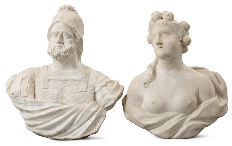A pair of Swedish Baroque 17th century white marble busts representing Pomona och Mars.