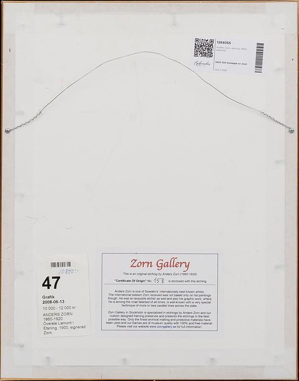 Anders Zorn, a signed etching from 1900.