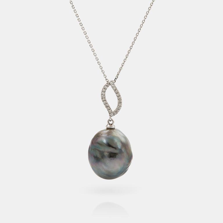 An 18K gold Tahitian cultured pearl pendant set with round brilliant-cut diamonds.