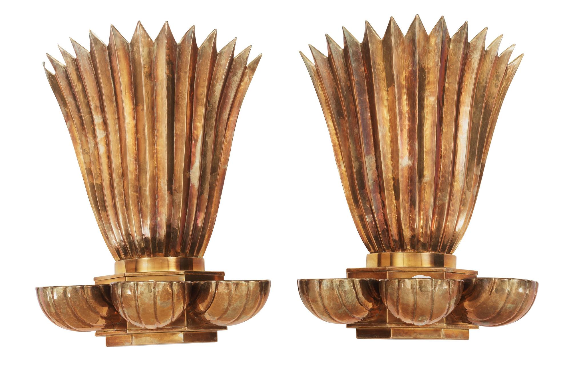 A pair of Lars Holmström Swedish Grace brass wall scones. Sweden 1920's.