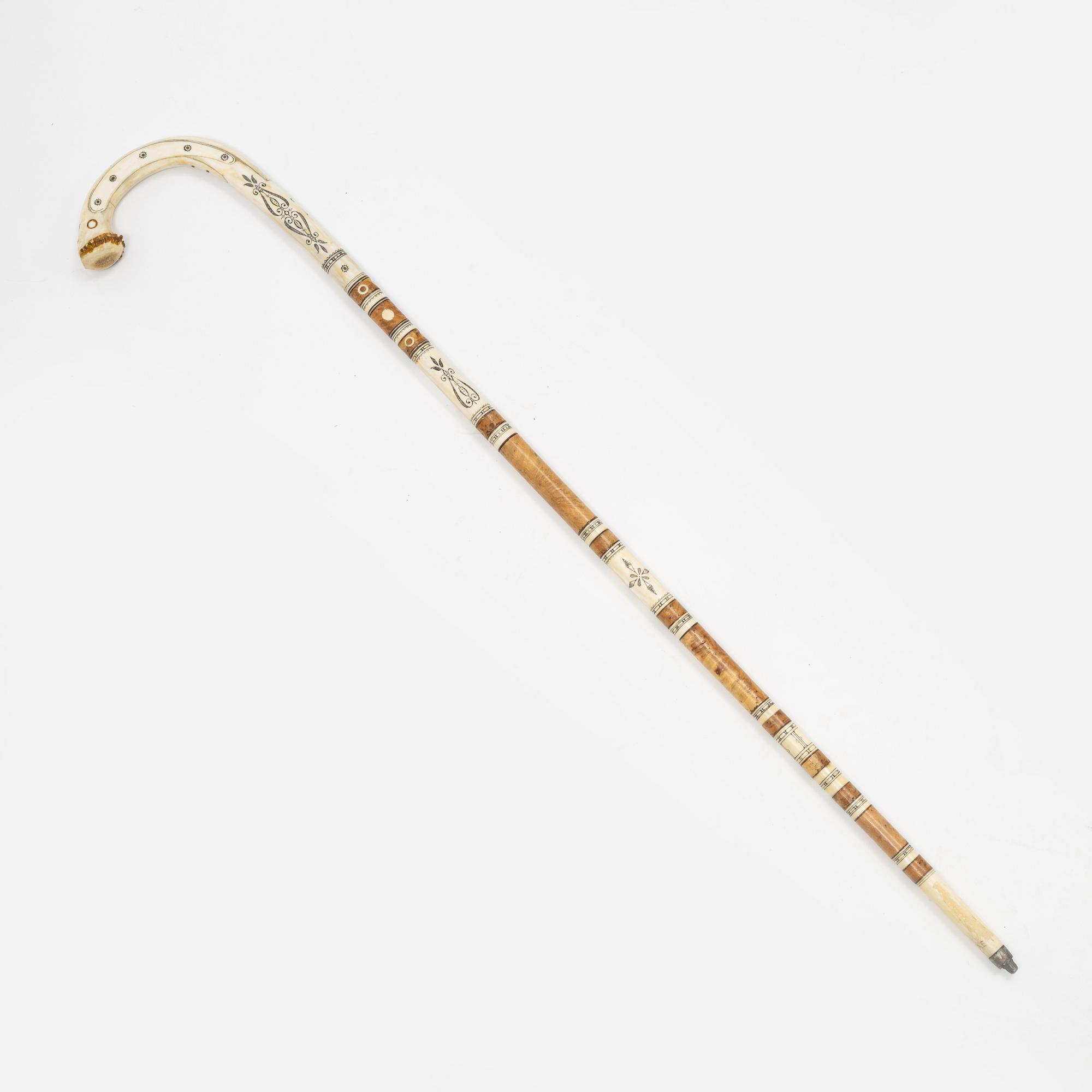 Anton Enarsson, a birch and reindeer horn walking stick, signed AE.