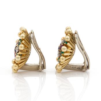 A pair of earrings with brilliant cut diamonds, sapphires, emeralds and rubies.