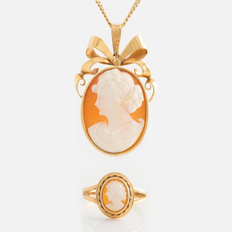 Pendant and ring, gold with shell cameo.