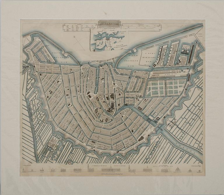 KARTOR, 4 st. Bryssel, Amsterdam, Antwerpen & Madrid. Graverade och tryckta av B.R. Davies, London. Omkring 1850-1880.